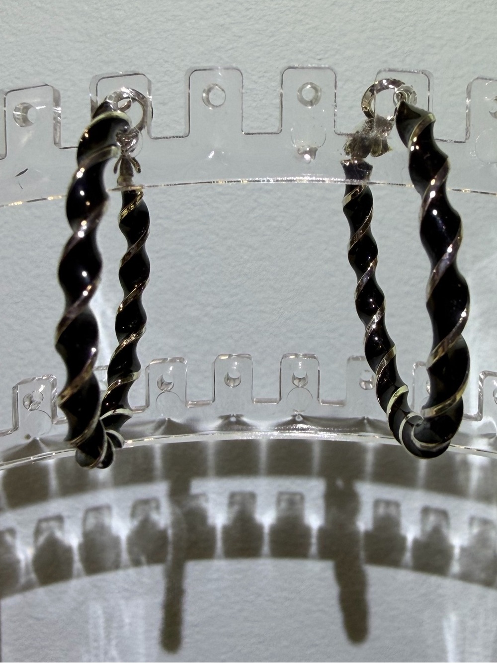 NWOT Dramatic Black Enamel & Silver Twisted Hoop Pierced Earrings